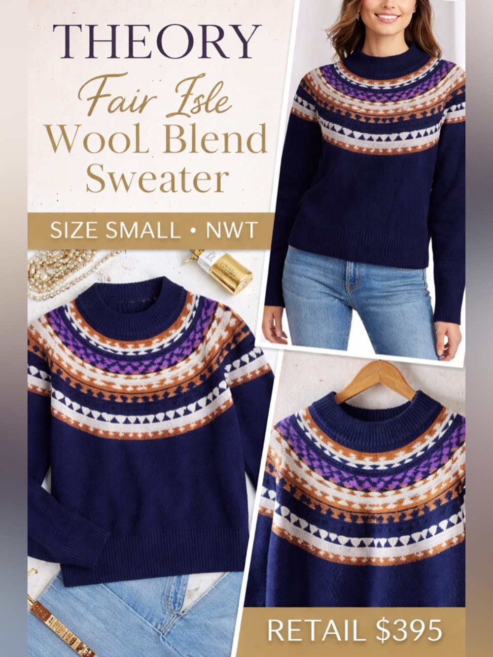 Theory Fair Isle Navy Wool Cashmere Pullover Sweater Navy Multi Small NWT $395